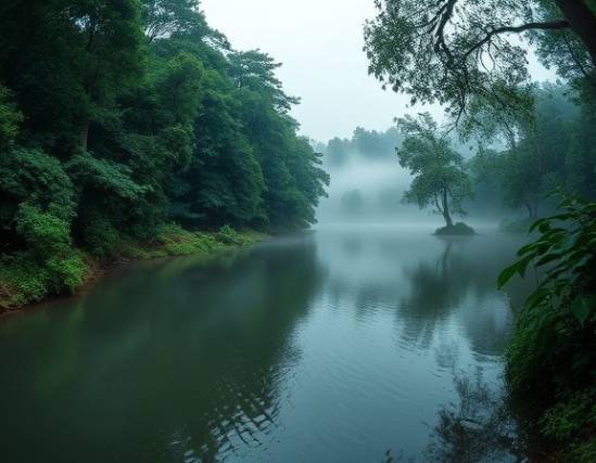 tranquil scenic Uganda, peaceful, meandering, photorealistic, through dense forests and serene lakes, highly detailed, mist rising from the water, subtle motion, cool blues and greens, misty lighting, shot with a fisheye lens