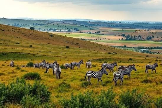 vibrant Uganda landscape, lively, extending, photorealistic, richly diverse flora and fauna across rolling fields, highly detailed, zebras grazing in the distance, vibrant saturation, mixed greens and golds, soft highlight lighting, shot with a prime lens